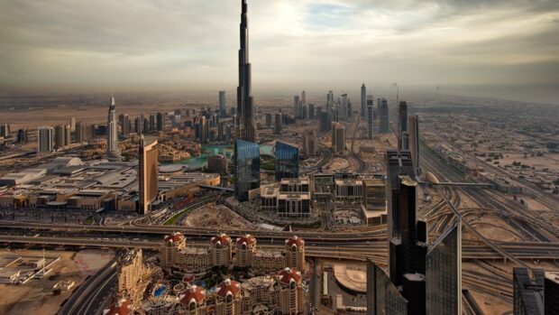 Aerial view of Middle East cityscape showing skyscrapers and urban development