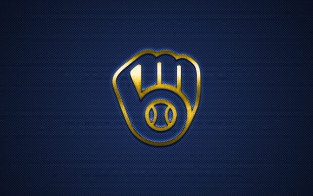 Golden Milwaukee Brewers glove logo on blue textured background