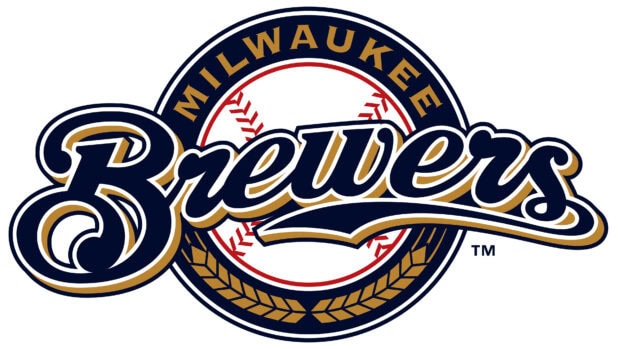The Milwaukee Brewers logo with a baseball and wheat design in navy and gold colors