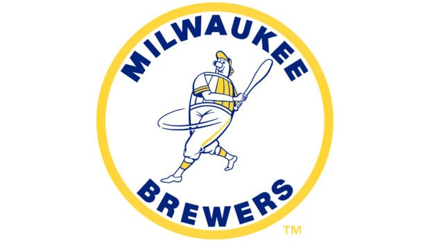 Milwaukee Brewers logo with a batter swinging the bat in blue and yellow