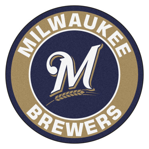 Milwaukee Brewers logo in blue and gold colors on a textured background