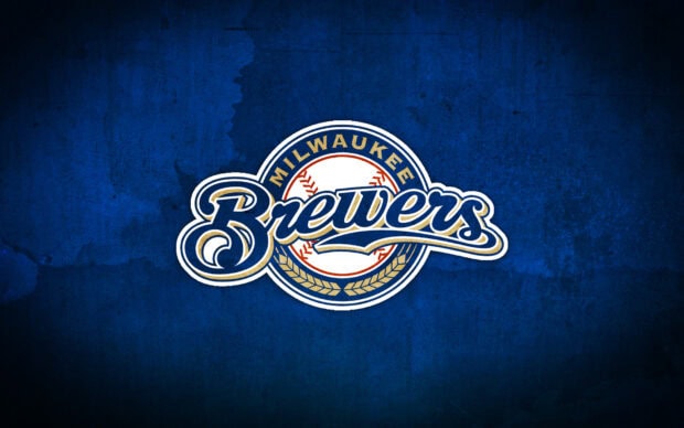 Milwaukee Brewers logo with a baseball and wheat wreath on a blue textured background