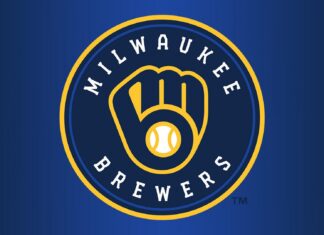 Milwaukee Brewers logo with a baseball glove and ball on a blue background
