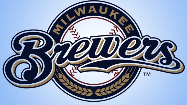 Milwaukee Brewers logo with baseball and wheat design on light blue background