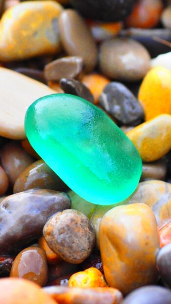 A smooth green mineral resting on top of various colorful stones in natural light