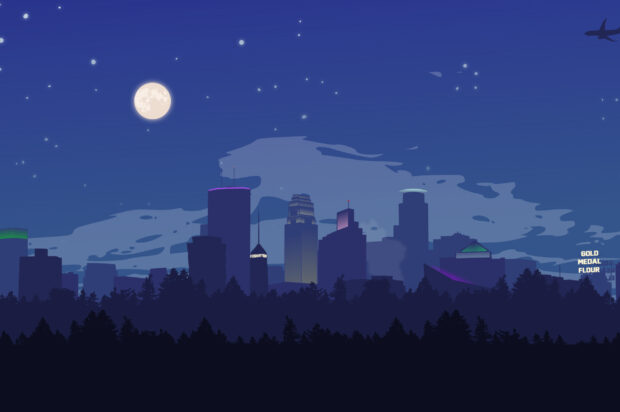 Nighttime cityscape with Minneapolis skyline under a full moon and starry sky