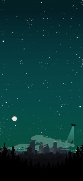 Starry night sky above the Minneapolis cityscape with pine trees and a UFO beam illuminating the skyline