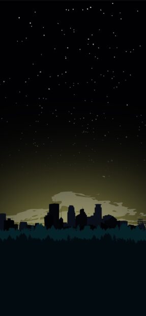 Minneapolis city skyline silhouette with starry night sky and forest foreground