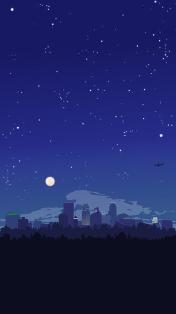 Night sky full of stars over the Minneapolis skyline with a full moon and an airplane flying