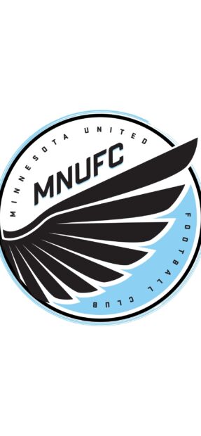 Minnesota United emblem featuring MNUFC and black wing design on blue and white background