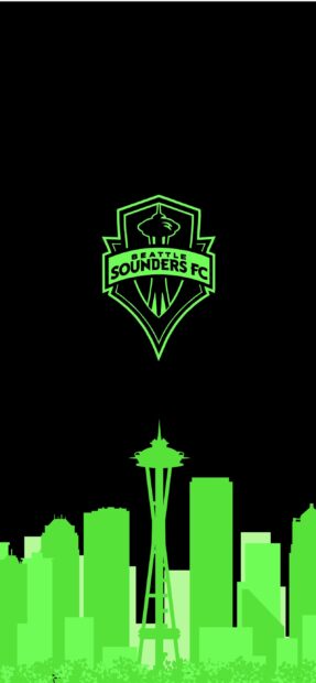 Seattle Sounders FC logo above Seattle skyline silhouette in bright green on black background