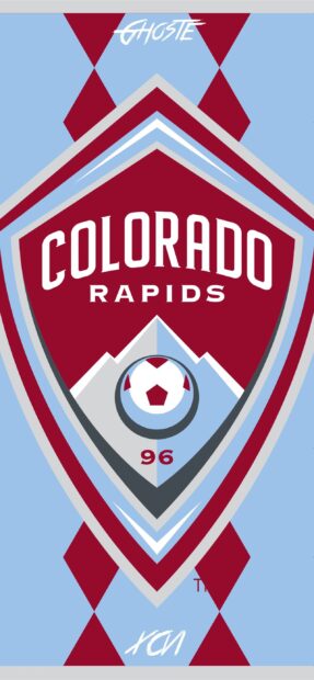 Colorado Rapids logo with maroon and light blue design featuring mountains and a soccer ball