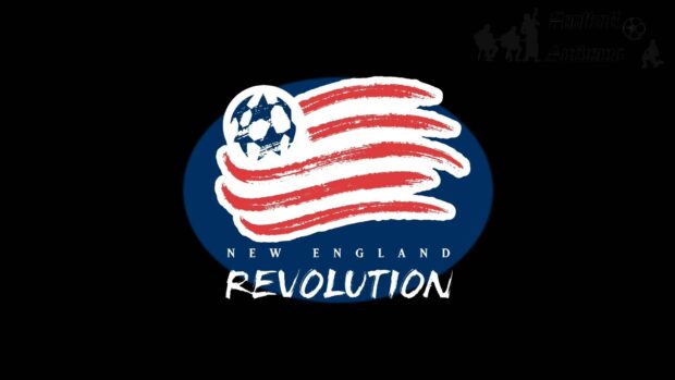 New England logo design for mls showcasing a soccer ball and stylized flag stripes in red white and blue