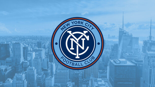 New York City sports emblem in blue tones over a cityscape background