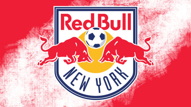 Red bull logo with New York text and a soccer ball in an artistic red background