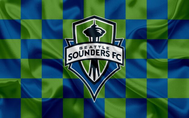 Seattle Sounders FC emblem on a checkered flag with blue and green squares