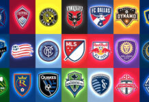 Various Major League Soccer team logos displayed in colorful squares with vibrant backgrounds