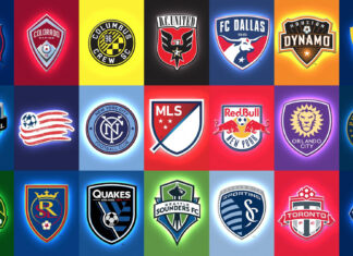 Various Major League Soccer team logos displayed in colorful squares with vibrant backgrounds