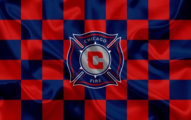 Chicago Fire logo with red and blue checkered pattern on fabric texture