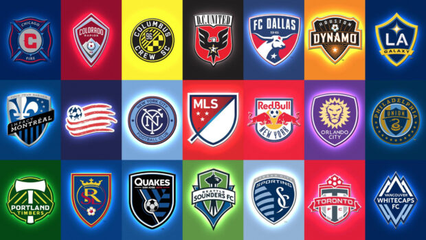 Various Major League Soccer team logos displayed in colorful squares with vibrant backgrounds
