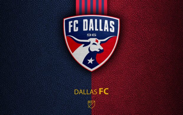 FC Dallas logo with bull emblem on leather textured background in blue and red colors