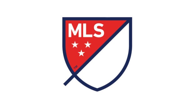 Mls logo in red and white with three stars and a navy blue outline