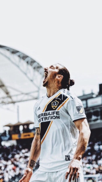A passionate MLS player celebrating with excitement on the field wearing LA Galaxy jersey