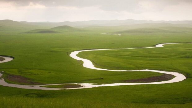 A winding river flowing through vast green grasslands in Mongolia landscape