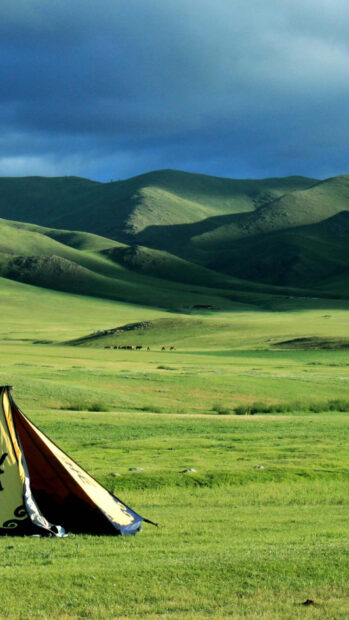 Traditional Mongolian landscape with green hills and a tent in the foreground