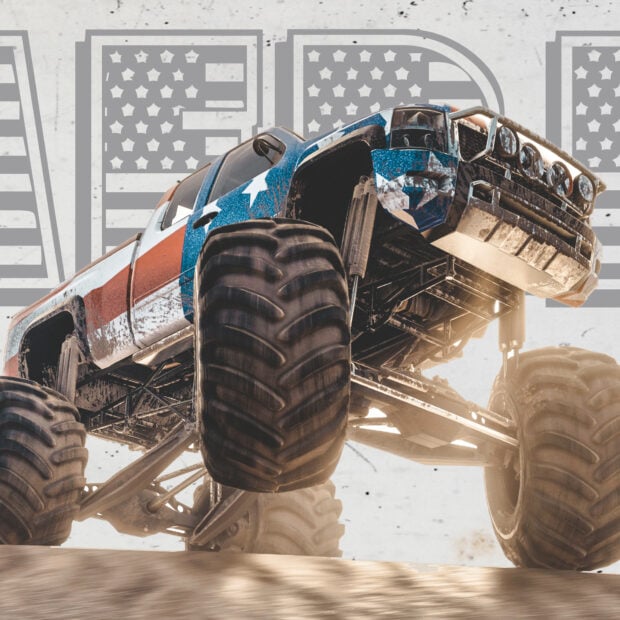 A monster truck with an American flag design driving over dirt in action