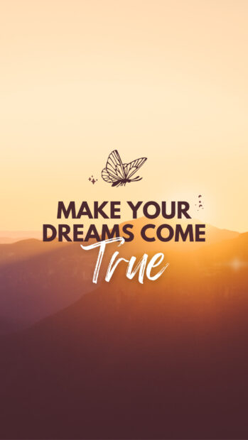 Butterfly flying above inspiring dream text with sunset mountain view motivational design