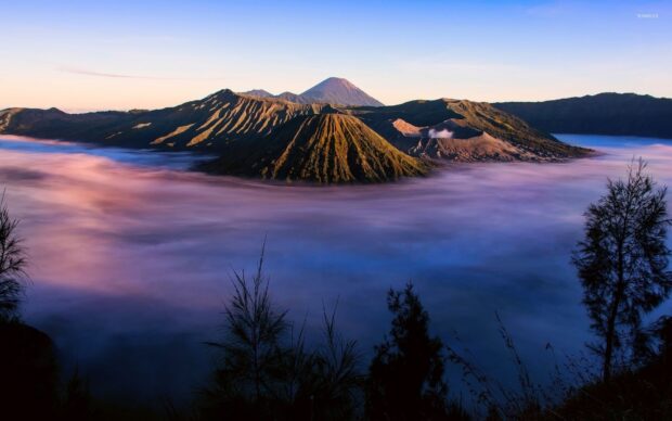 Morning view of Mount Bromo volcano with mist surrounding the mountain peaks