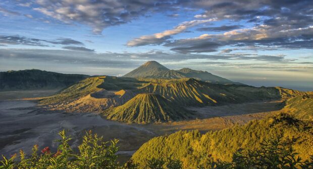 Mount Bromo Wallpapers HD Desktop Mount Bromo landscape with volcanic craters under a vibrant sky at sunrise
