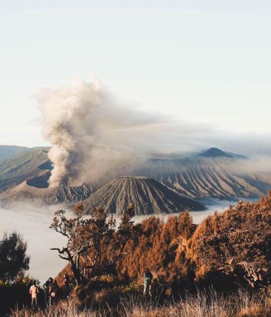 Smoky landscape of Mount Bromo volcano surrounded by autumn trees and visitors