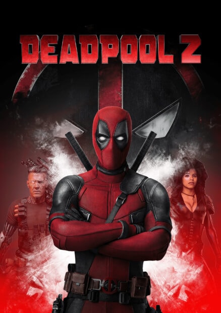 Deadpool Z character in red suit with crossed arms and two supporting characters behind