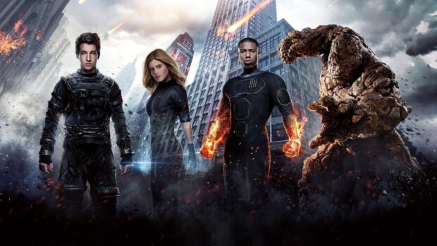 Four superheroes in action poses with a city backdrop in a movie poster
