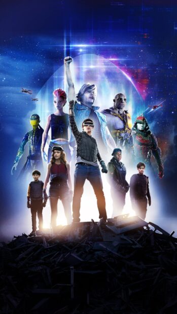 A group of diverse characters from a popular movie poster standing heroically in a futuristic setting