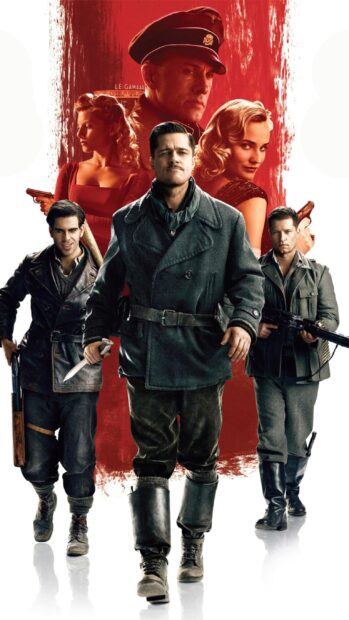 Characters from Inglourious Basterds movie poster dressed in World War II attire walking forward