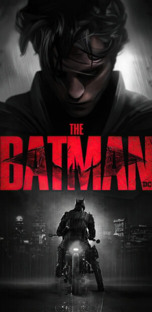 A dark character from Batman movie poster riding a motorcycle in the rain