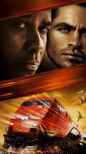 Intense action scene with train and protagonists faces in movie poster