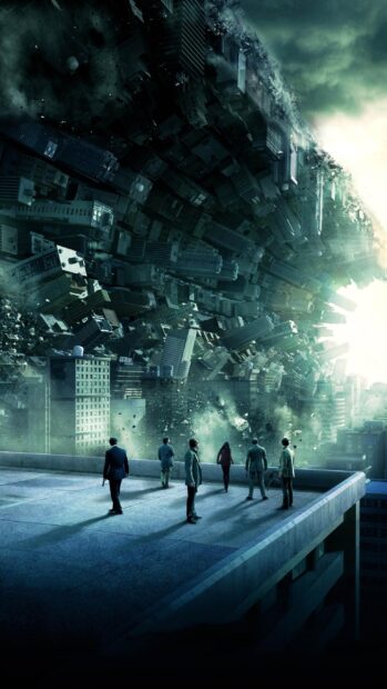 People facing a city folding in on itself in a science fiction movie poster