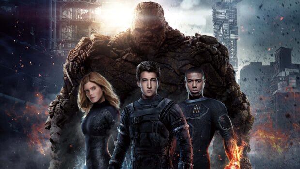 Fantastic Four characters standing together with rocky superhero in cityscape background