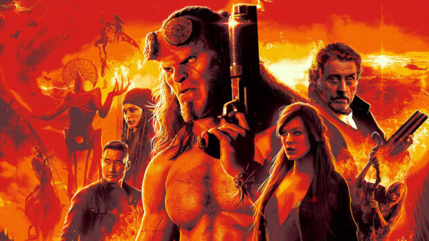 Hellboy movie poster featuring the demonic hero and supporting characters in fiery background