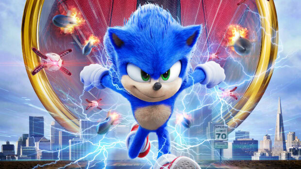 Sonic the Hedgehog running fast with electric sparks around him in a cityscape