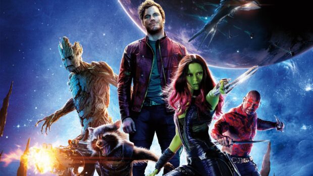 Star lord and his team in space adventure movie poster with Groot and Rocket Raccoon