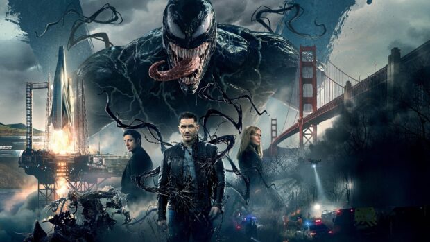 Venom characters with symbiote powers and Golden Gate Bridge in the background