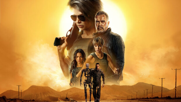 A Terminator movie poster featuring key characters and a robot against a sunset desert background