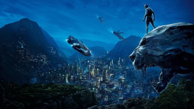 Black Panther standing on giant panther statue above futuristic city night with flying aircrafts and mountains background