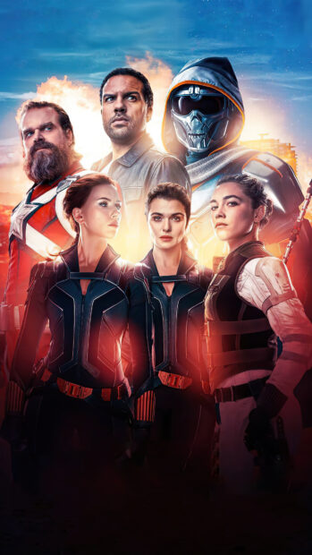 A group of heroes standing together in a movie poster design