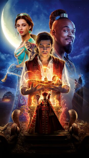 A magical movie poster featuring a young man holding a glowing lamp with characters around him